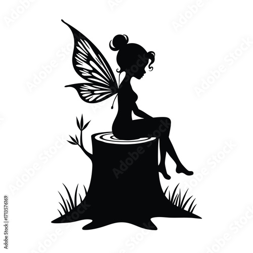 Black silhouette fairy with butterfly wings sitting on tree stump