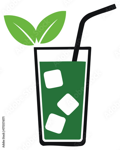 Refreshing Iced Green Drink with Leaves and Straw Vector Illustration