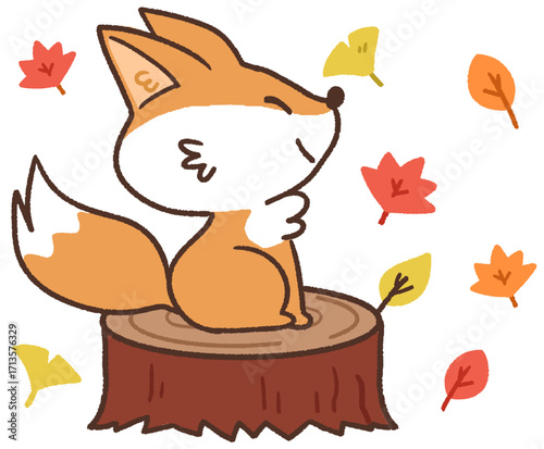 秋の紅葉のなか切り株に座るかわいいキツネの動物アイコンイラスト