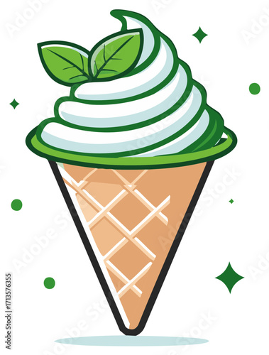 Refreshing mint ice cream swirl in a crispy waffle cone with green leaves and sparkling accents