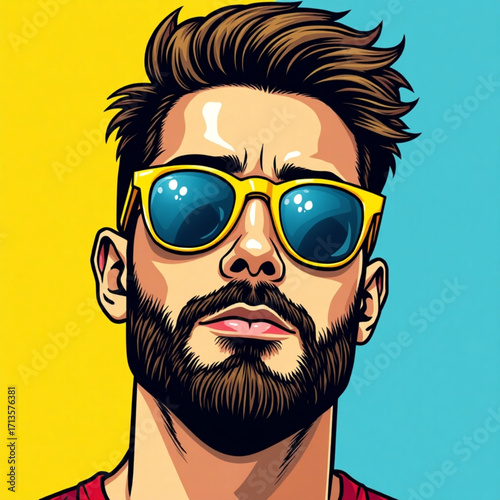 Stylish man with beard and sunglasses against colorful background