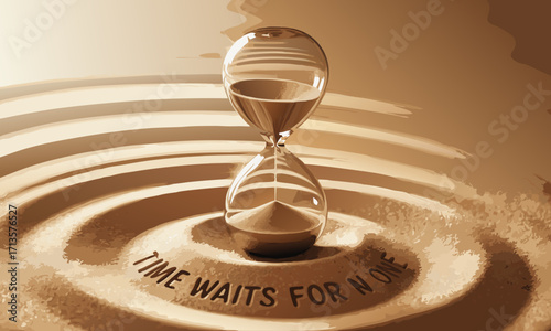 Hourglass with Time Waits For None inscription on rippling surface.