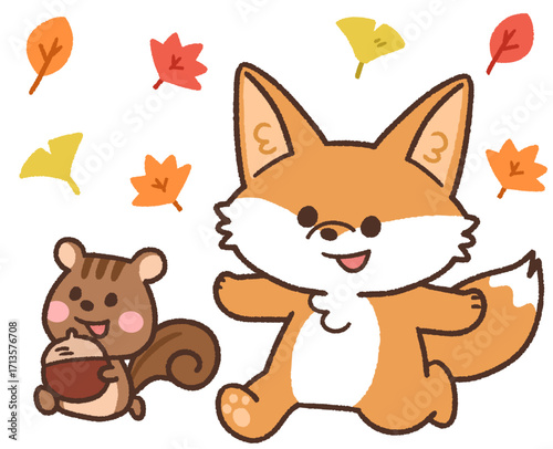秋の紅葉のなかを歩くかわいいキツネとリスの動物アイコンイラスト