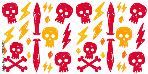 Hand drawn cartoon hot element. Flash lightning fire star pastel pattern bg. Punk Rock vector background.