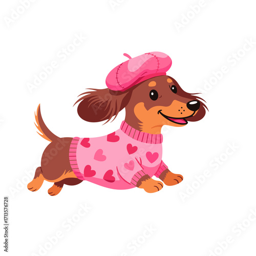 dachshund, sausage dog, wiener dog, cute dog, cartoon dachshund, running dog, playful dog, pink sweater dog, heart sweater dog, beret dog, stylish dog, fashionable pet, joyful dog, adorable dog, cozy 