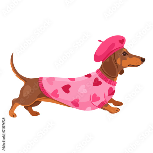 dachshund, sausage dog, wiener dog, cute dog, cartoon dachshund, running dog, playful dog, pink sweater dog, heart sweater dog, beret dog, stylish dog, fashionable pet, joyful dog, adorable dog, cozy 