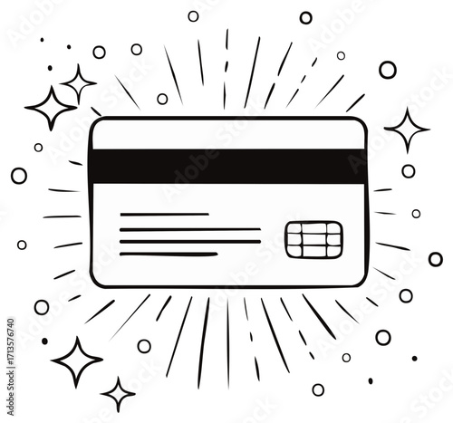 Stylized Credit Card Graphic with Sparkles and Rays Illustration