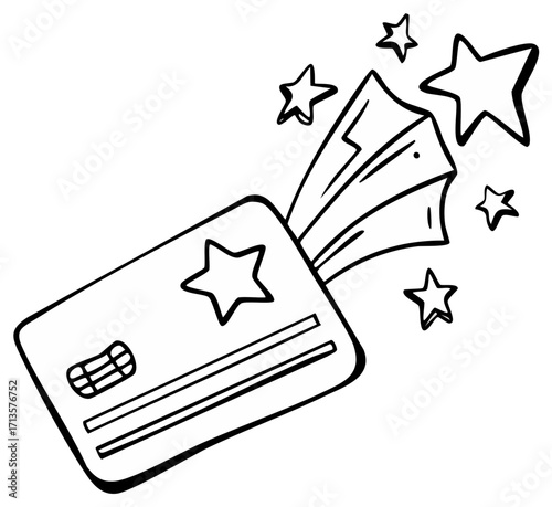 Hand drawn credit card bursting with cash bills and glittering stars symbolizing financial rewards, bonus, or successful payment.