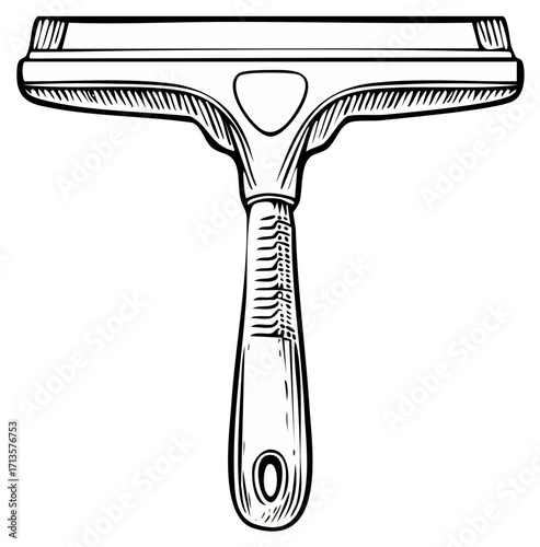 Detailed ink drawing of a squeegee with a textured handle and wide rubber blade