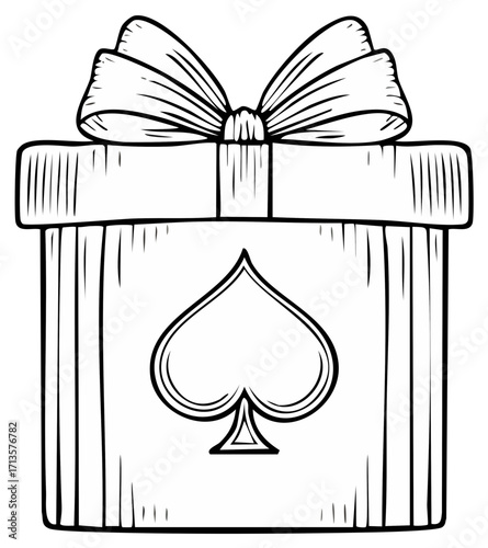 Hand drawn gift box featuring an elegant ribbon bow and a bold spade symbol perfect for gambling and magic concepts