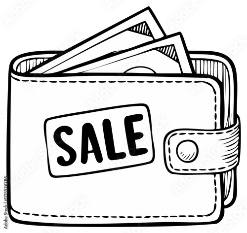 Doodle style wallet with cash and sale tag offering a bargain on purchases