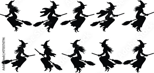 Witch silhouettes, flying broomsticks, Halloween theme, spooky illustration, magical folklore, dark fantasy, pointed hats, eerie night, mystical flight, vector art