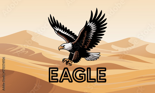 Majestic white eagle soaring over desert dunes with the word EAGLE.