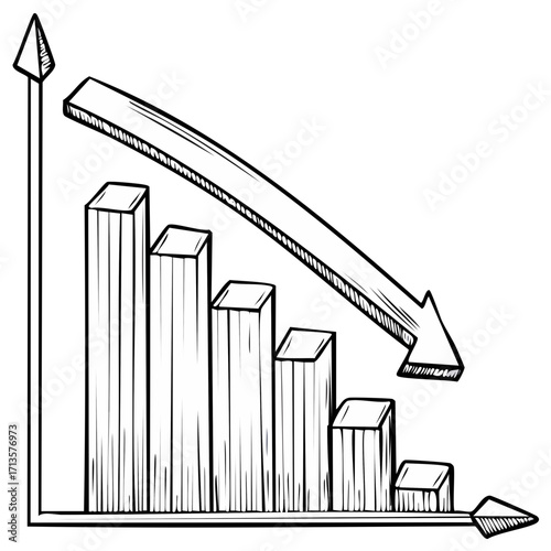 Sketch illustration depicting downward sloping bar graph trend with falling arrow