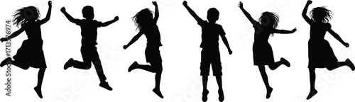  Energetic silhouettes of joyful children jumping and celebrating, showcasing happiness, freedom, and active play, perfect for themes of childhood, success, and pure deligh