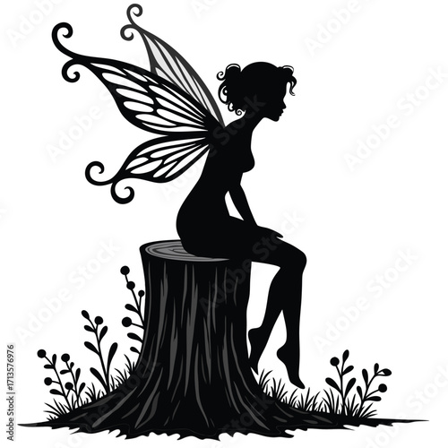 Black silhouette fairy with butterfly wings sitting on tree stump