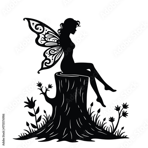 Black silhouette fairy with butterfly wings sitting on tree stump