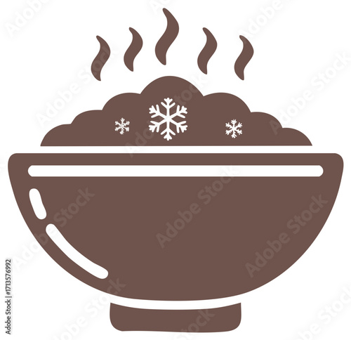 Bowl of hot food with snowflakes and steam, winter meal concept icon