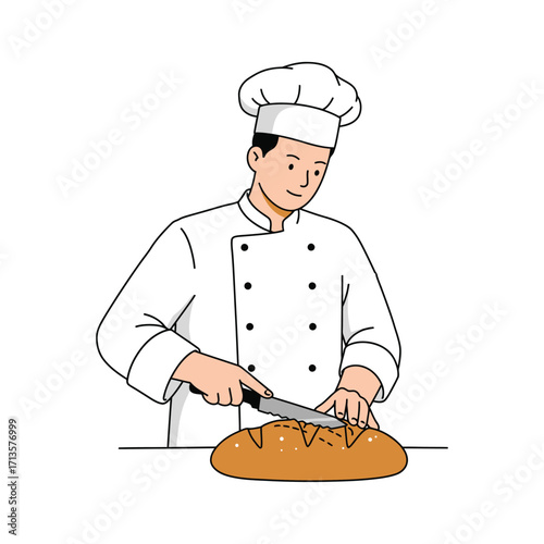 Vector art of a male baker in a chef hat and uniform slicing a loaf of bread