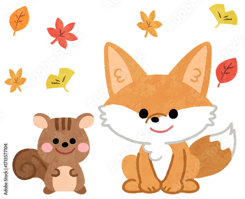 秋の紅葉のなかにいるかわいいキツネとリスの動物アイコンイラスト