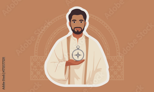 Man in religious attire holding a compass symbol.