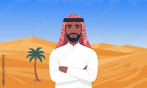 Man in Traditional Arab Attire Standing in Desert Landscape.