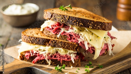 Delicious Homemade Reuben Sandwich with Corned Beef and Sauerkraut.