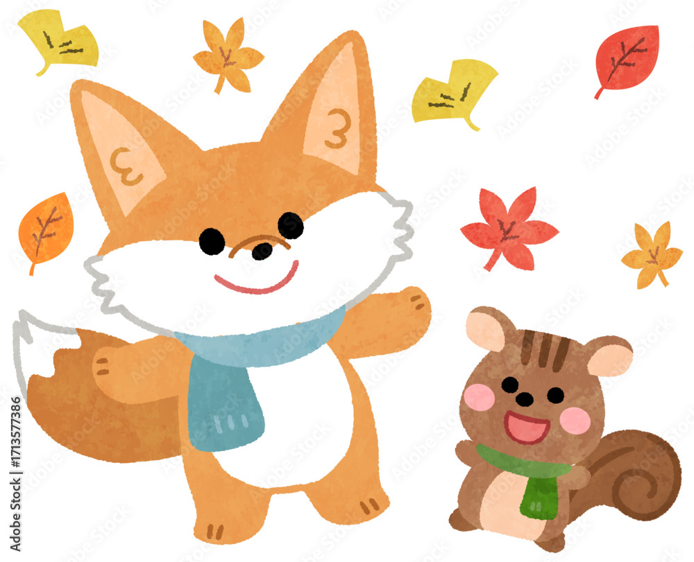 Naklejka premium 秋の紅葉のなかにいるかわいいキツネとリスの動物アイコンイラスト