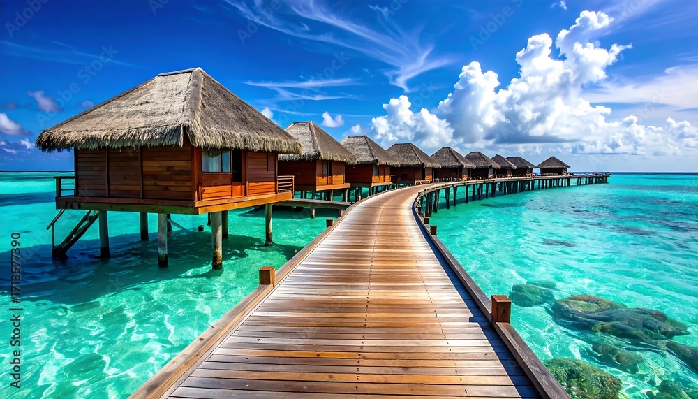 Fototapeta premium A picturesque wooden walkway leads to a series of overwater bungalows, nestled in a vibrant turquoise lagoon under a vibrant blue sky.