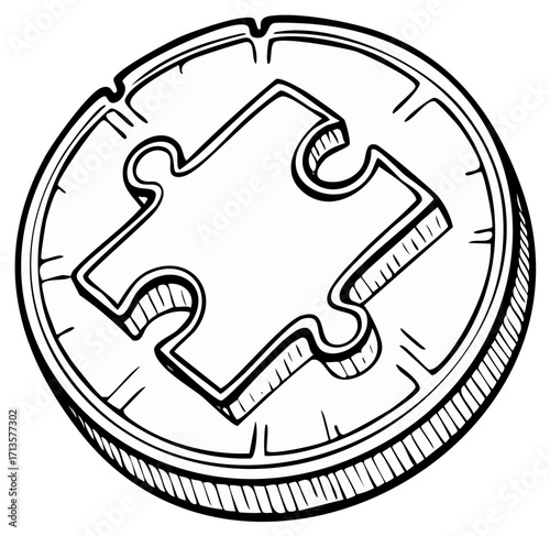 Black and white hand drawn puzzle piece in a round coin or token doodle illustration