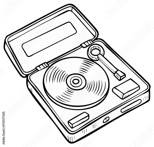Stylized vector illustration of a portable vinyl record player with an open lid