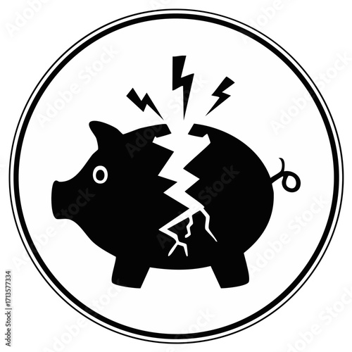 Cracked piggy bank with lightning bolts symbolizing financial disaster or debt