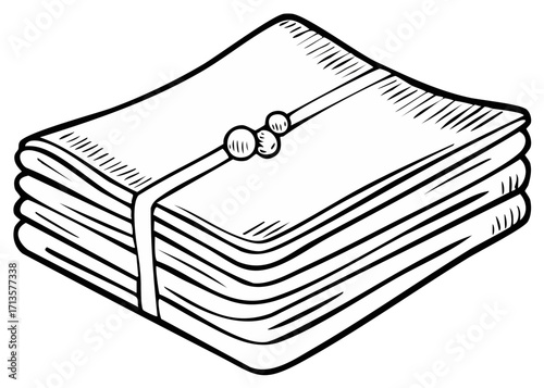 Stacked napkins with a band and decorative beads, hand-drawn vector illustration.