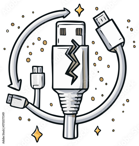 Damaged USB Cable With Arrows, Repair Or Replacement Concept, Hand Drawn Style