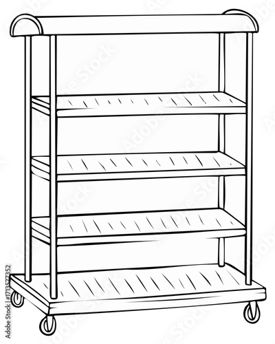 Simple Line Art Illustration of a Mobile Utility Cart with Four Shelves and Wheels