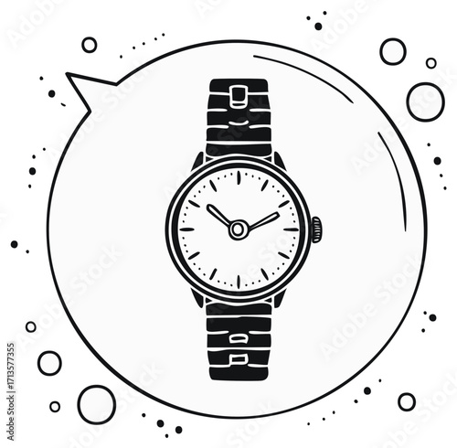 Sketch of a classic wristwatch inside a speech bubble with decorative dots and circles