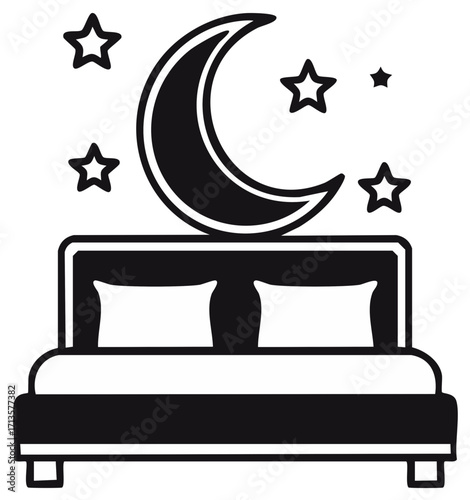 Stylized Bed Icon with Moon and Stars Above Design for Bedroom Sleep Decor and Interiors