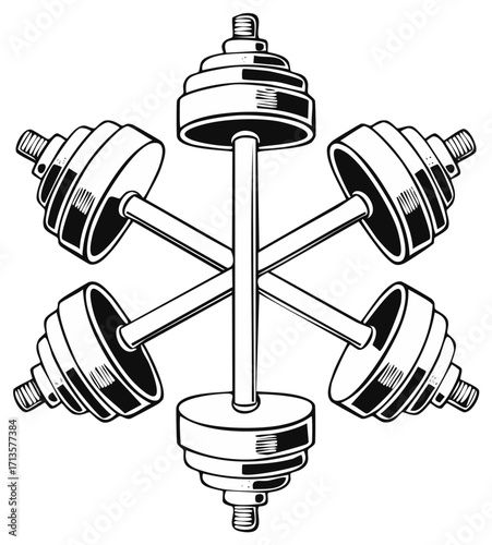 Barbell Weight Plates Arranged in a Radial Pattern, Black and White Line Art