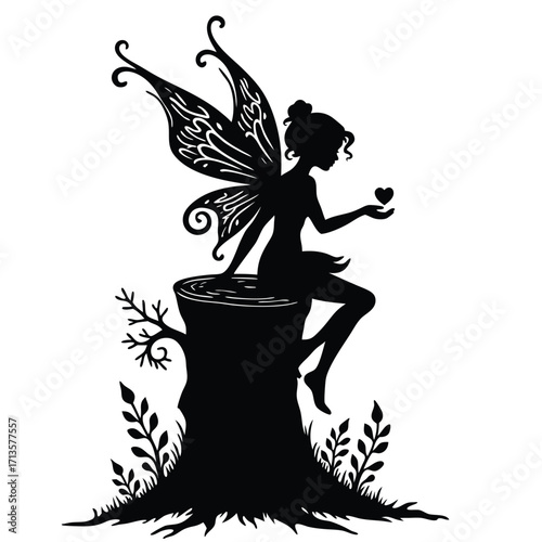 Black silhouette fairy with heart on tree stump white