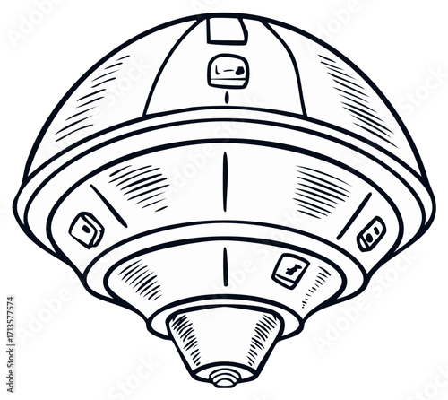 Line Art of Flying Saucer UFO Craft with Outlines and Retro Hatching Details for Sci-Fi Designs