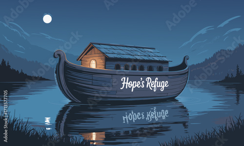 Noahs Ark Hopes Refuge Floating on Calm Water Under Moonlit Sky.