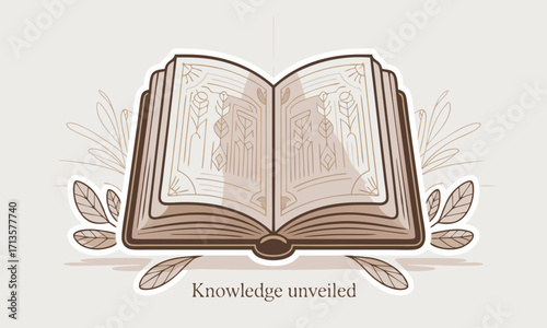 Open book with decorative pages and surrounding leaves.