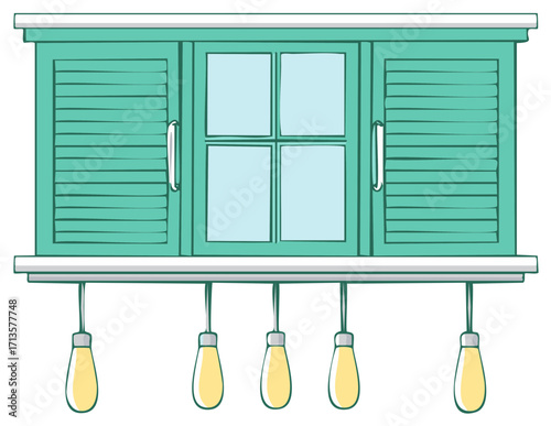 Mint kitchen cabinet with window and hanging lamps, a rustic kitchen design with shutters on both sides, interior style