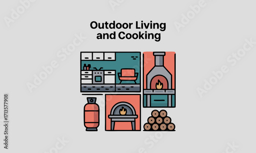 Outdoor Living and Cooking Elements Kitchen Fireplace Oven Gas Tank and Woodpile.