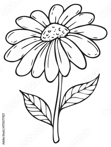 Outline drawing of a single flower with leaves isolated on white, coloring book style