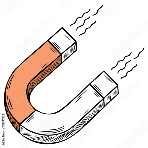 Magnet illustration in doodle style, drawing lines and attracting energy