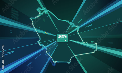 Outline of Saudi Arabia with National Flag and Digital Rays.