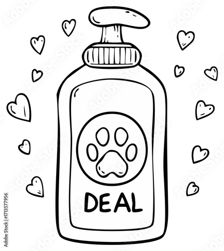 Pet paw soap dispenser outline drawing with hearts, animal hygiene product, vector illustration, special offer, design element