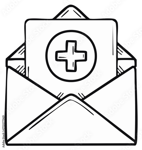 Envelope with Medical Plus Symbol Doodle Style Black and White Medicine Notification