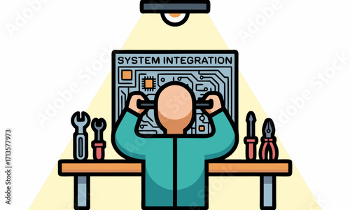 Person integrating system with tools and circuit board.